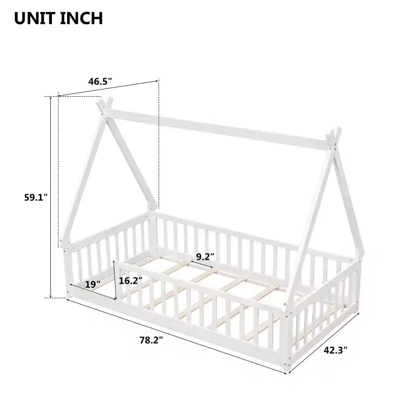 Letto a pavimento a forma di tenda doppia con spondine di sicurezza bianco