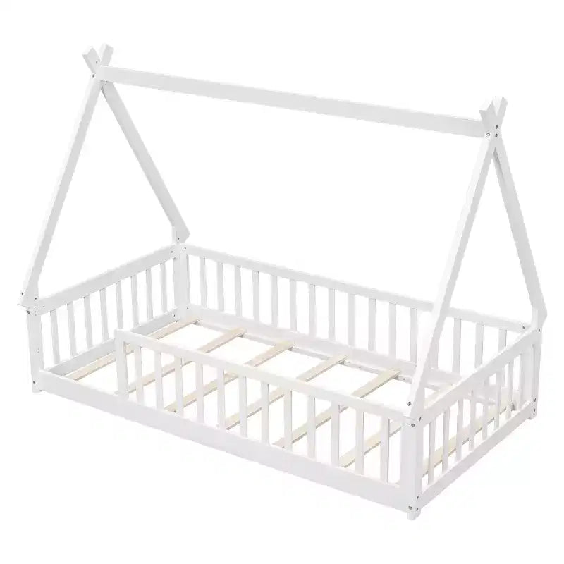 Letto a pavimento a forma di tenda doppia con spondine di sicurezza bianco