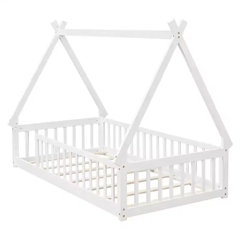 Letto a pavimento a forma di tenda doppia con spondine di sicurezza bianco