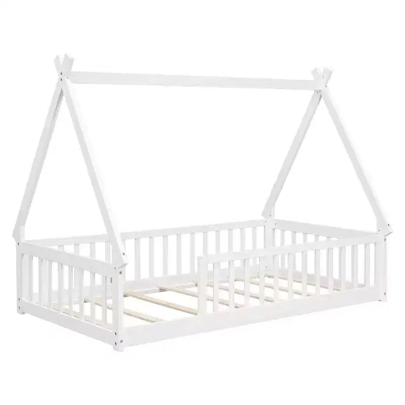 Letto a pavimento a forma di tenda doppia con spondine di sicurezza bianco