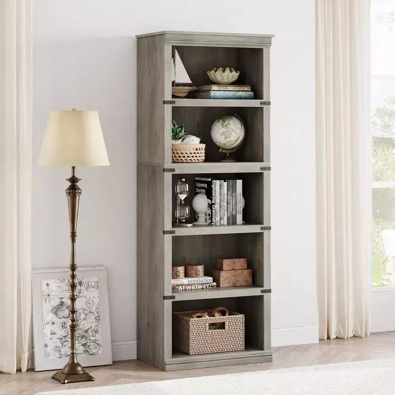 GustoWave 5 Tier Bookcase, Farmhouse Book Shelf with Storage, 67.4 Inch Tall Open Display Bookshelves, Wooden 5 Shelf Bookcase for Living Room