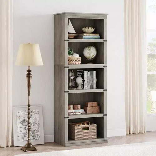GustoWave 5 Tier Bookcase, Farmhouse Book Shelf with Storage, 67.4 Inch Tall Open Display Bookshelves, Wooden 5 Shelf Bookcase for Living Room