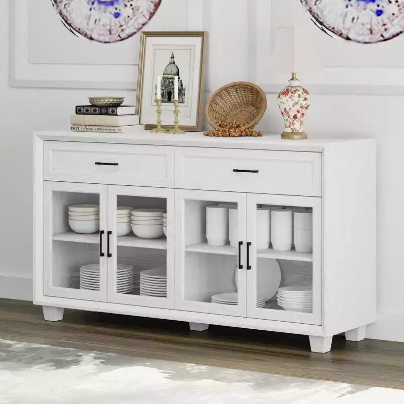 Famapy Legno - Credenza a buffet venata con ante in vetro e cassetti - Contenitore multi-ambiente per sala da pranzo/soggiorno - Mobile contenitore