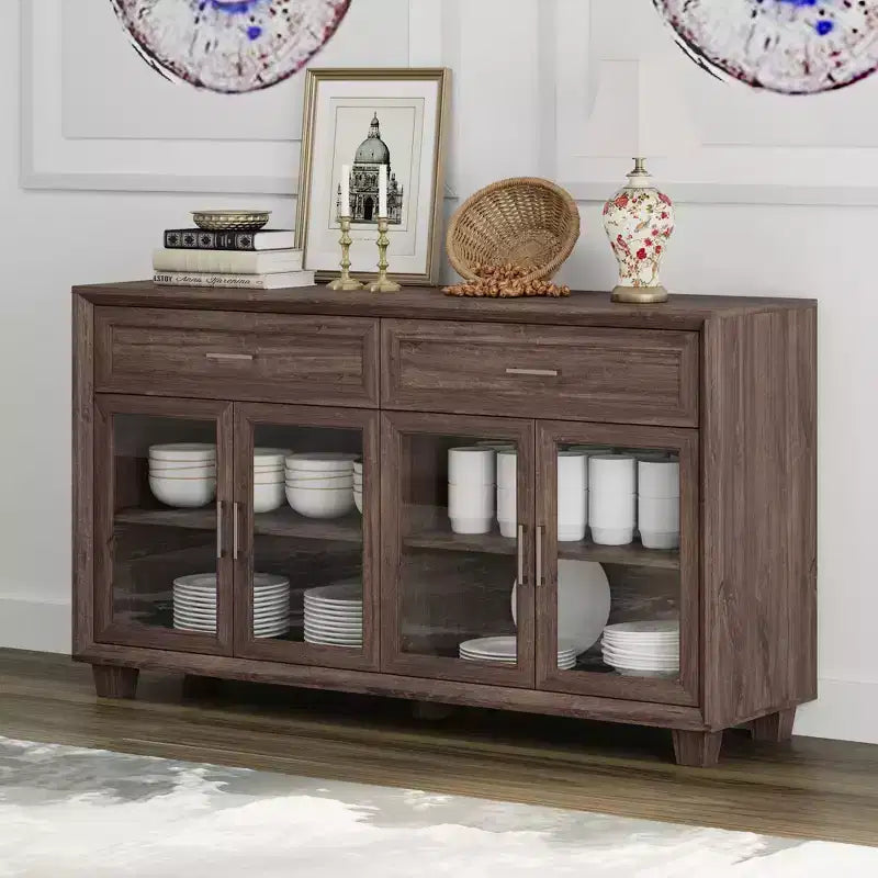 Famapy Legno - Credenza a buffet venata con ante in vetro e cassetti - Contenitore multi-ambiente per sala da pranzo/soggiorno - Mobile contenitore