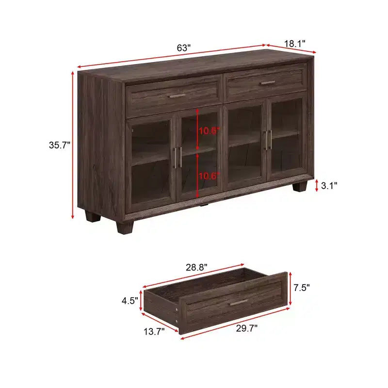 Famapy Legno - Credenza a buffet venata con ante in vetro e cassetti - Contenitore multi-ambiente per sala da pranzo/soggiorno - Mobile contenitore
