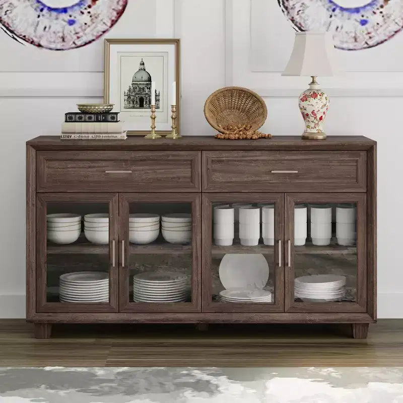 Famapy Wood - Grain Buffet Sideboard with Glass Doors & Drawers - Multi - Room Storage for Dining/Living Spaces Storage Cabinet