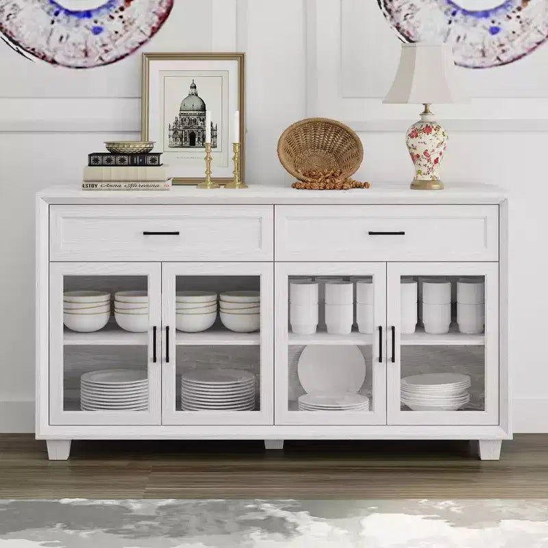 Famapy Legno - Credenza a buffet venata con ante in vetro e cassetti - Contenitore multi-ambiente per sala da pranzo/soggiorno - Mobile contenitore