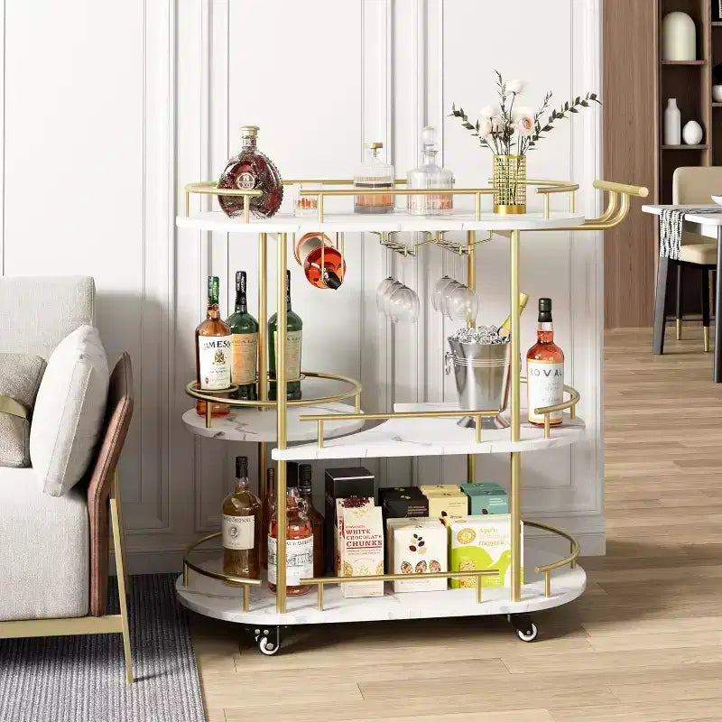 Gold Bar Carts with 4-Tiers Storage ShelvesMobile Bar Seving Carts On Wheels with Wine Rack and Glass Holder for Kitchen, Dining Room, Living Room