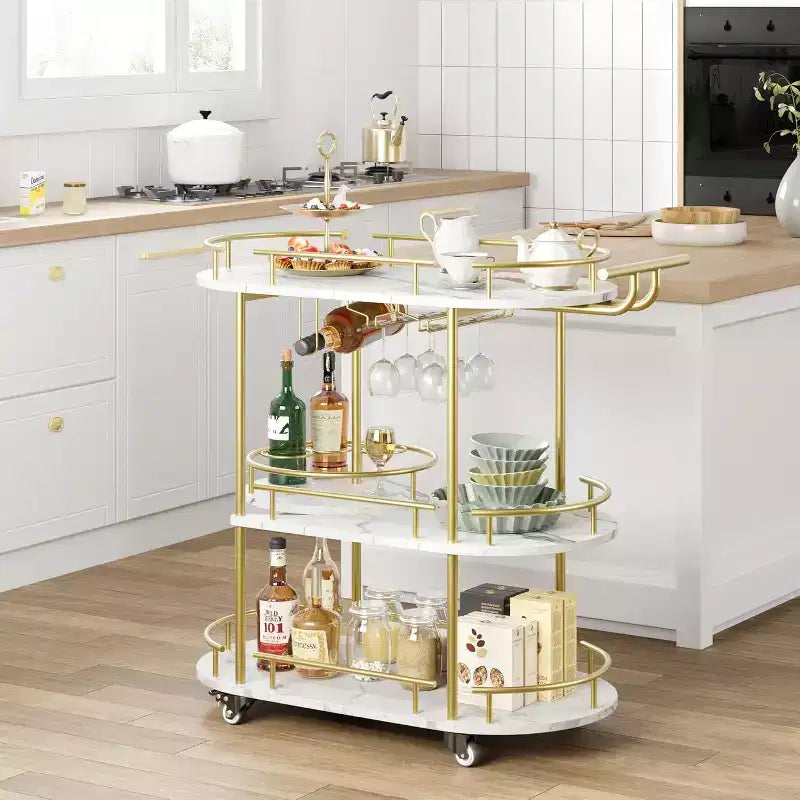 Carrelli da bar dorati con scaffali portaoggetti a 4 ripiani, carrelli da servizio da bar mobili su ruote con portabottiglie e portabicchieri per cucina, sala da pranzo, soggiorno