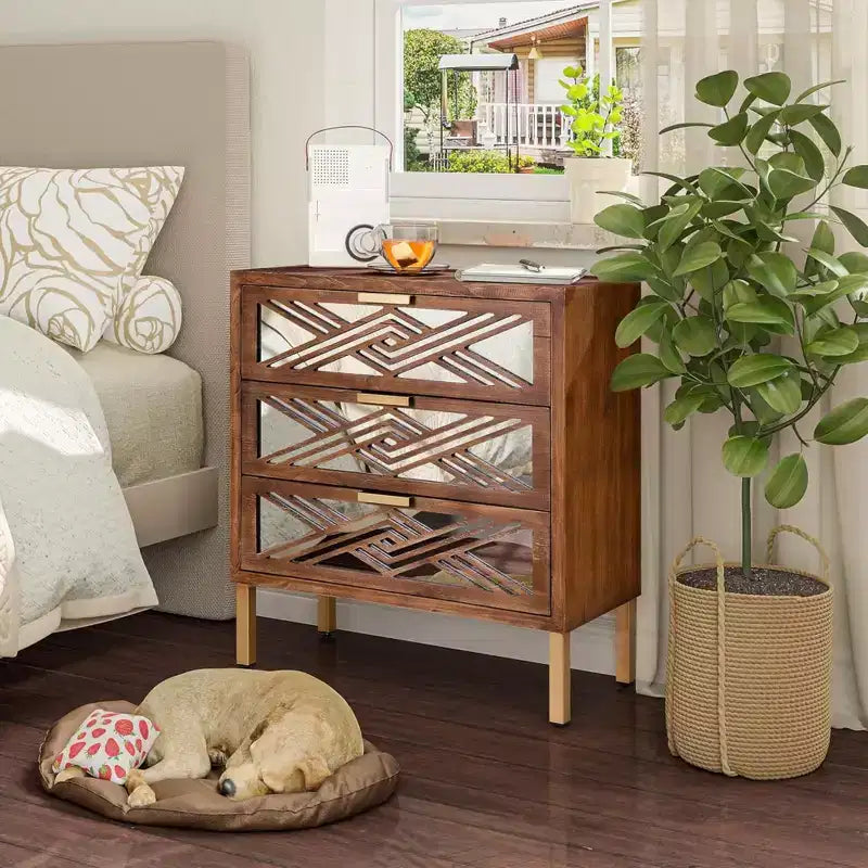 COZAYH Cassettiera d'appoggio a 3 cassetti con specchio, mobile contenitore moderno in legno per camera da letto, soggiorno, ingresso, arredamento, legno