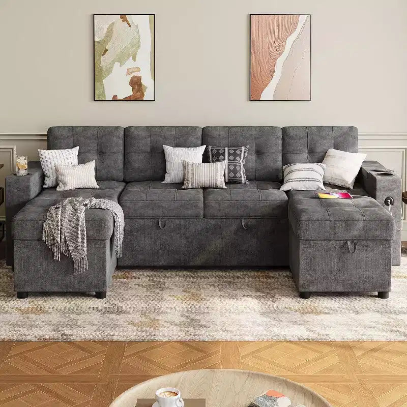 Couches for Living Room, Sofa Bed for Living Room with Hidden Storage Armrests, U-Shaped Sleeper Sofa with Cup Holders and USB Charging Ports
