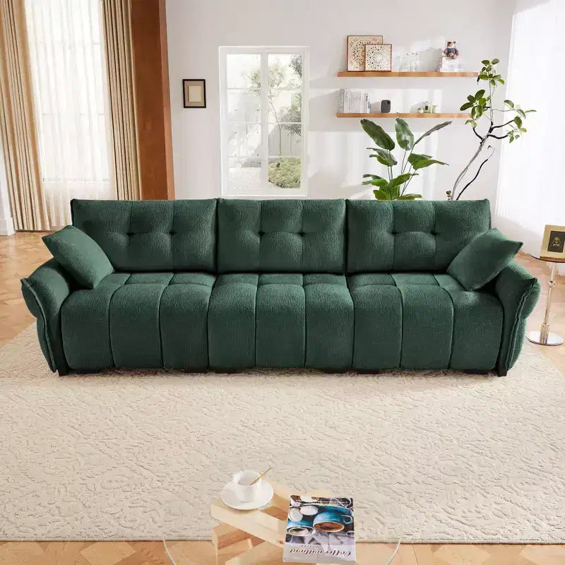 Divano a 3 posti con struttura in legno massello e 2 cuscini, rivestimento in ciniglia testurizzata per soggiorni, colore verde