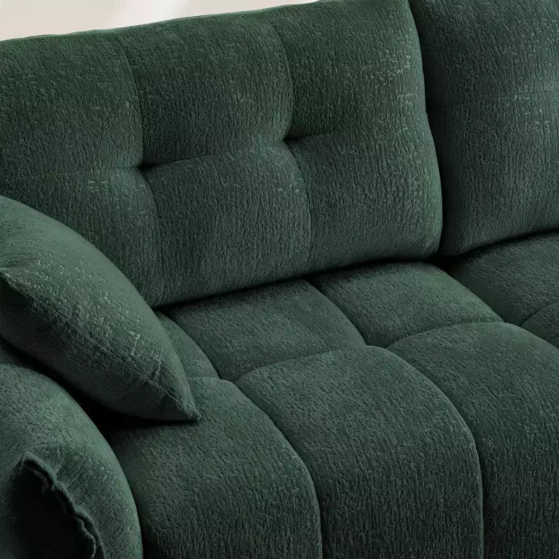 Divano a 3 posti con struttura in legno massello e 2 cuscini, rivestimento in ciniglia testurizzata per soggiorni, colore verde
