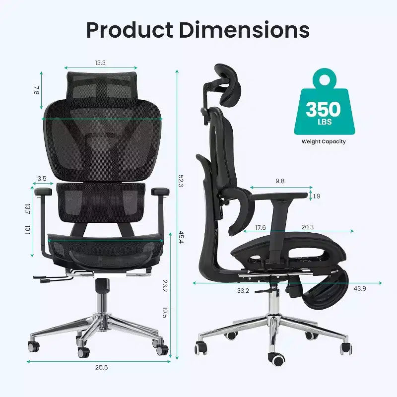 Sedia da ufficio ergonomica in rete con poggiapiedi, sedia da computer per persone robuste con poggiatesta regolabile in 3D e braccioli regolabili in 4D