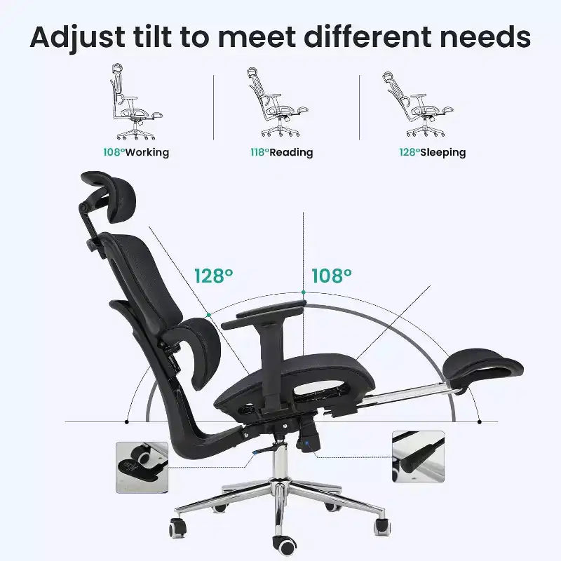 Sedia da ufficio ergonomica in rete con poggiapiedi, sedia da computer per persone robuste con poggiatesta regolabile in 3D e braccioli regolabili in 4D