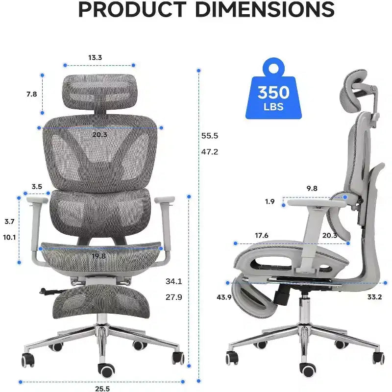 Sedia da ufficio ergonomica in rete con poggiapiedi, sedia da computer per persone robuste con poggiatesta regolabile in 3D e braccioli regolabili in 4D