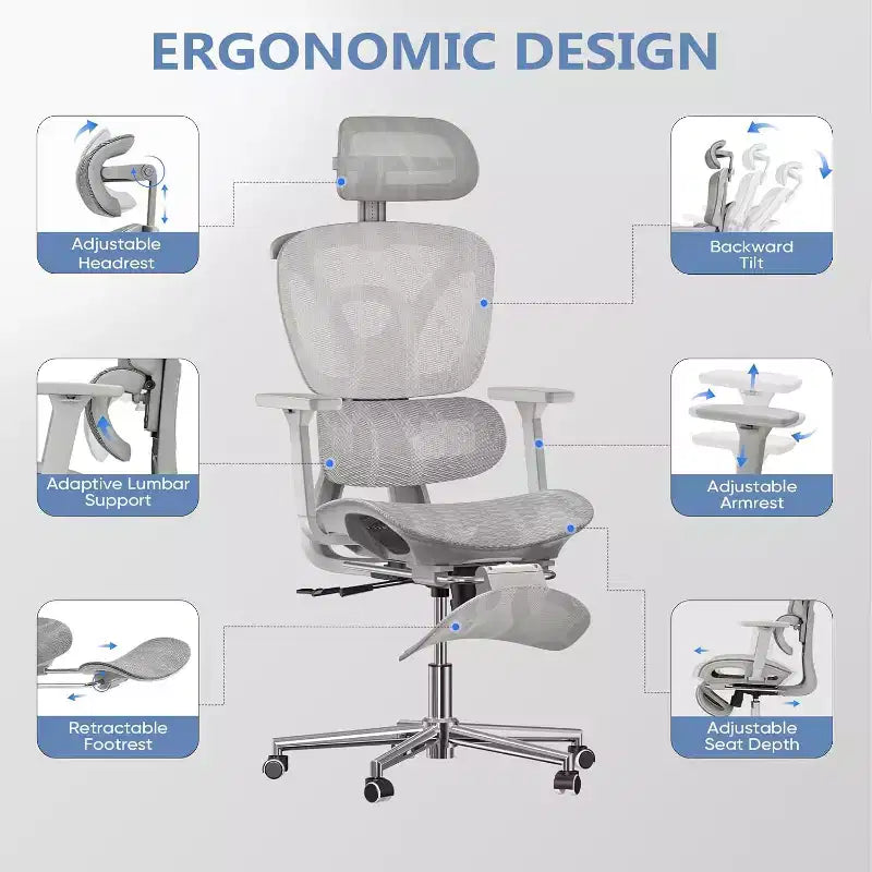 Sedia da ufficio ergonomica in rete con poggiapiedi, sedia da computer per persone robuste con poggiatesta regolabile in 3D e braccioli regolabili in 4D