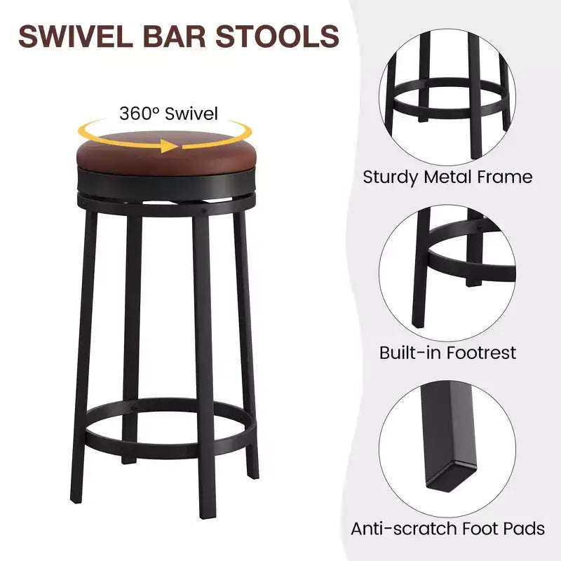 Sgabelli da Bar Girevoli a 360° Set da 2, Sgabelli da Bancone Alti 61 cm con Poggiapiedi, Rivestimento in Pelle PU e Struttura in Metallo per Cucina, Sala da Pranzo, Marrone