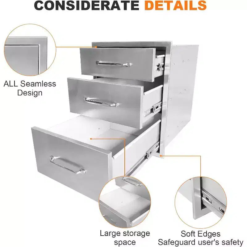 Cassetto da cucina per esterni, cassetto BBQ a incasso a 3 strati in acciaio inossidabile per cucine da esterno e isole barbecue