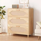 CuisinSmart 3 Drawer Rattan Dresser for Bedroom, Wooden Storage Cabinets for Bedrooms, Hallways, Living Rooms, and Entryways, Easy Assemble, Natural