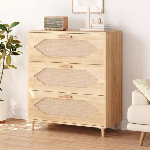 CuisinSmart 3 Drawer Rattan Dresser for Bedroom, Wooden Storage Cabinets for Bedrooms, Hallways, Living Rooms, and Entryways, Easy Assemble, Natural