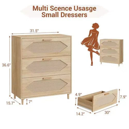 Cassettiera in Rattan a 3 Cassetti per Camera da Letto, Mobile Contenitore in Legno per Camere da Letto, Corridoi, Salotti e Ingressi, Facile da Montare, Naturale