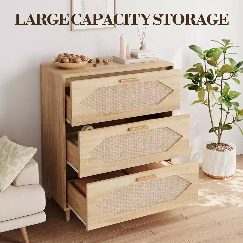 Cassettiera in Rattan a 3 Cassetti per Camera da Letto, Mobile Contenitore in Legno per Camere da Letto, Corridoi, Salotti e Ingressi, Facile da Montare, Naturale