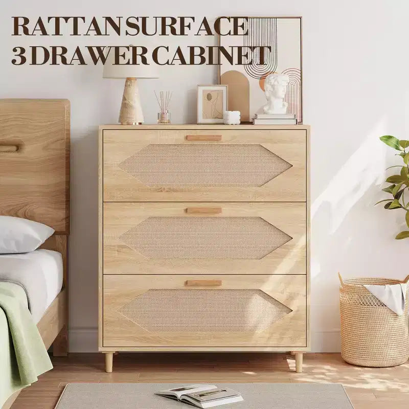 Cassettiera in Rattan a 3 Cassetti per Camera da Letto, Mobile Contenitore in Legno per Camere da Letto, Corridoi, Salotti e Ingressi, Facile da Montare, Naturale