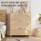 Cassettiera in Rattan a 3 Cassetti per Camera da Letto, Mobile Contenitore in Legno per Camere da Letto, Corridoi, Salotti e Ingressi, Facile da Montare, Naturale