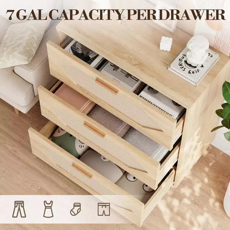 Cassettiera in Rattan a 3 Cassetti per Camera da Letto, Mobile Contenitore in Legno per Camere da Letto, Corridoi, Salotti e Ingressi, Facile da Montare, Naturale