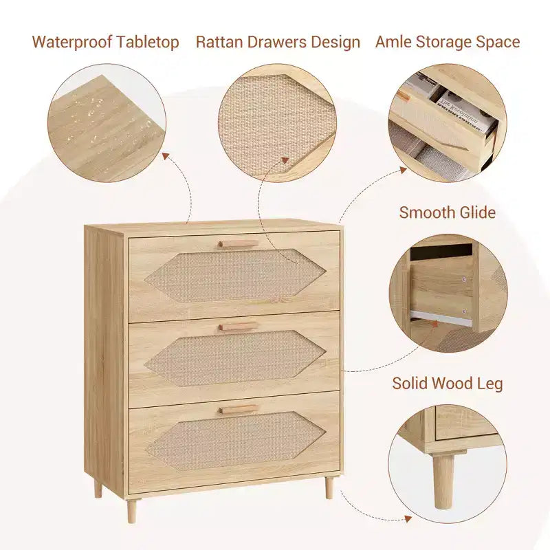 Cassettiera in Rattan a 3 Cassetti per Camera da Letto, Mobile Contenitore in Legno per Camere da Letto, Corridoi, Salotti e Ingressi, Facile da Montare, Naturale