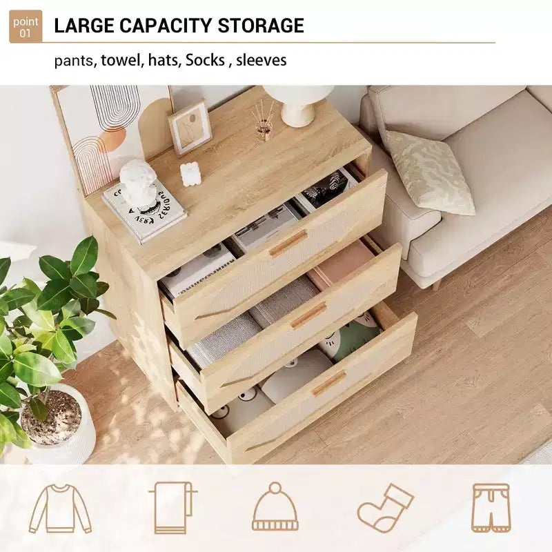 Cassettiera in Rattan a 3 Cassetti per Camera da Letto, Mobile Contenitore in Legno per Camere da Letto, Corridoi, Salotti e Ingressi, Facile da Montare, Naturale