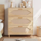 Cassettiera in Rattan a 3 Cassetti per Camera da Letto, Mobile Contenitore in Legno per Camere da Letto, Corridoi, Salotti e Ingressi, Facile da Montare, Naturale