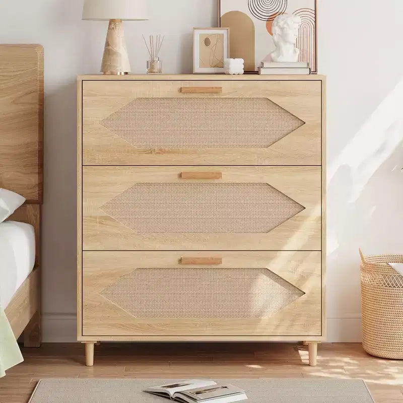 Cassettiera in Rattan a 3 Cassetti per Camera da Letto, Mobile Contenitore in Legno per Camere da Letto, Corridoi, Salotti e Ingressi, Facile da Montare, Naturale
