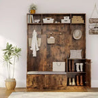 78,7 Mobile appendiabiti alto con panca e scarpiera, panca moderna da ingresso in legno con appendiabiti, 4 ganci appendiabiti, 3 vani aperti per corridoio, nero
