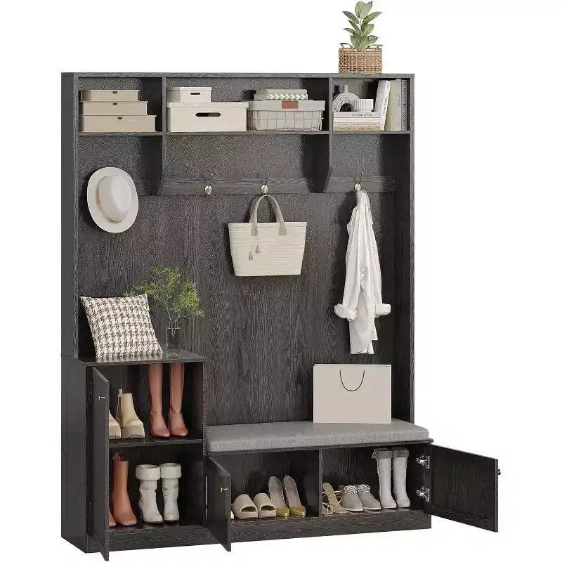 78,7 Mobile appendiabiti alto con panca e scarpiera, panca moderna da ingresso in legno con appendiabiti, 4 ganci appendiabiti, 3 vani aperti per corridoio, nero