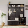 78.7 Tall Hall Tree with Bench and Shoe Storage, Modern Wood Entryway Bench with Coat Rack, 4 Hanging Hooks, 3 Open Compartments for Hallway, Black