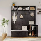 78.7 Tall Hall Tree with Bench and Shoe Storage, Modern Wood Entryway Bench with Coat Rack, 4 Hanging Hooks, 3 Open Compartments for Hallway, Black