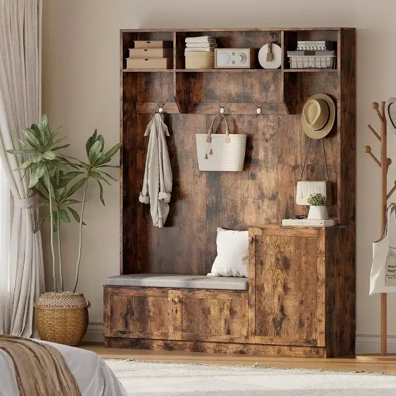 78,7 Mobile appendiabiti alto con panca e scarpiera, panca moderna da ingresso in legno con appendiabiti, 4 ganci appendiabiti, 3 vani aperti per corridoio, nero