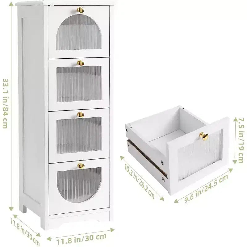 Acekool Mobiletto da Bagno con 4 Cassetti, Pannelli Semitrasparenti e Finitura Bianca Impermeabile, Contenitore Compatto per Bagno, Salotto