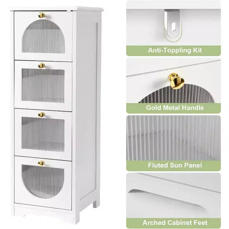 Acekool Mobiletto da Bagno con 4 Cassetti, Pannelli Semitrasparenti e Finitura Bianca Impermeabile, Contenitore Compatto per Bagno, Salotto