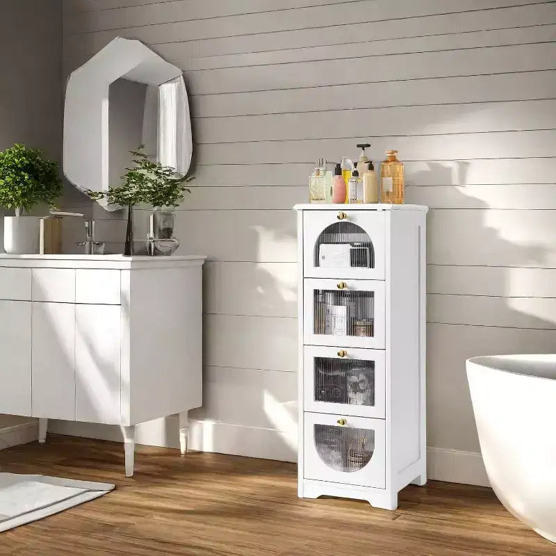 Acekool Mobiletto da Bagno con 4 Cassetti, Pannelli Semitrasparenti e Finitura Bianca Impermeabile, Contenitore Compatto per Bagno, Salotto