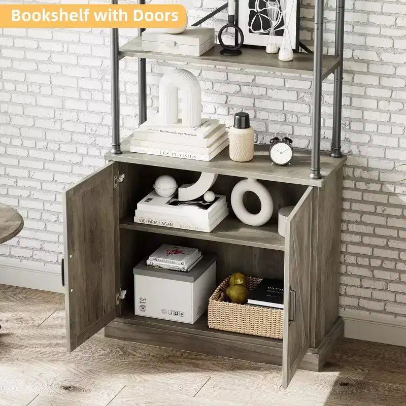 Libreria Industriale 73,62 con Ante, Scaffale in Legno e Metallo Vintage - Libreria a 4 Livelli Stile Rustico con Armadietto