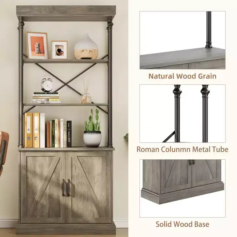 Libreria Industriale 73,62 con Ante, Scaffale in Legno e Metallo Vintage - Libreria a 4 Livelli Stile Rustico con Armadietto