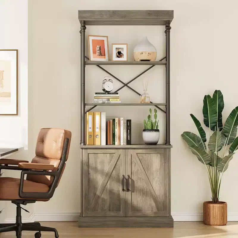 Libreria Industriale 73,62 con Ante, Scaffale in Legno e Metallo Vintage - Libreria a 4 Livelli Stile Rustico con Armadietto