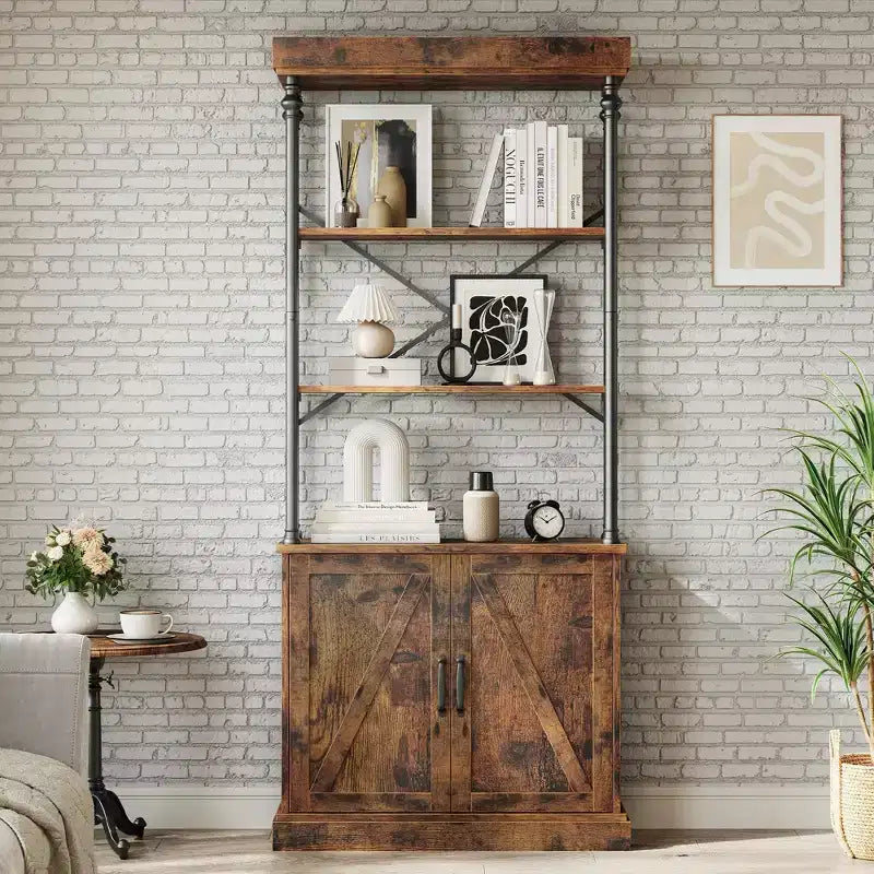 Libreria Industriale 73,62 con Ante, Scaffale in Legno e Metallo Vintage - Libreria a 4 Livelli Stile Rustico con Armadietto
