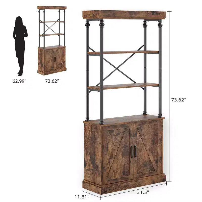 Libreria Industriale 73,62 con Ante, Scaffale in Legno e Metallo Vintage - Libreria a 4 Livelli Stile Rustico con Armadietto