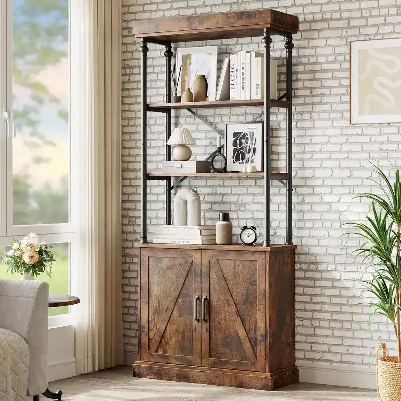 Libreria Industriale 73,62 con Ante, Scaffale in Legno e Metallo Vintage - Libreria a 4 Livelli Stile Rustico con Armadietto