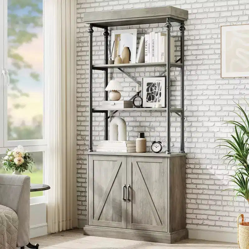 Libreria Industriale 73,62 con Ante, Scaffale in Legno e Metallo Vintage - Libreria a 4 Livelli Stile Rustico con Armadietto