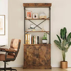 GustoWave 73.62 Industrial Bookshelf with Doors, Vintage Wood & Metal Bookcase - 4-Tier Farmhouse Storage Shelf with Cabinet